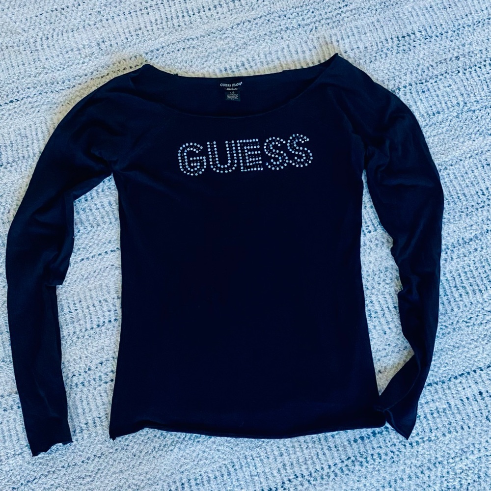 Guess Black Long Sleeve Tee with Studded Logo